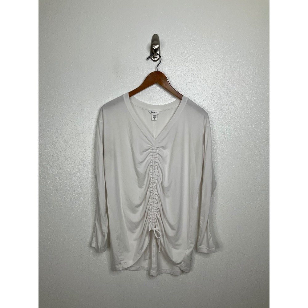 Athleta Womens White V-Neck Ruched Front Drawstring Long Sleeve Top Size S